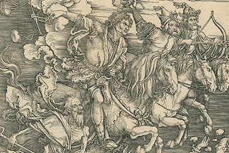 A cavalry of four horsemen ride in tight formation from left to right just above the ground. Beneath them lie the bodies of people being trampled and in one case swallowed by a monstrous disembodied head in the bottom left corner. Among the victims is a man wearing a hat and robes typically associated with a priest or bishop.