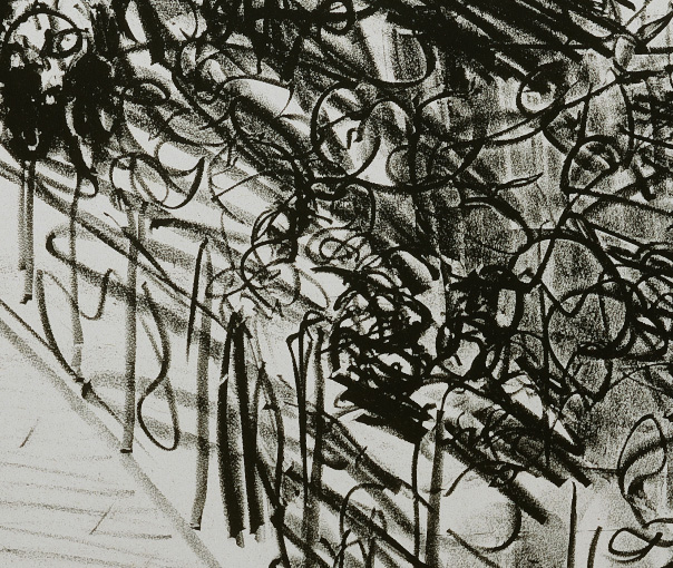 A close-up detail of Manet's 'The Races' showing the scribble-like technique used to illustrate the audience.