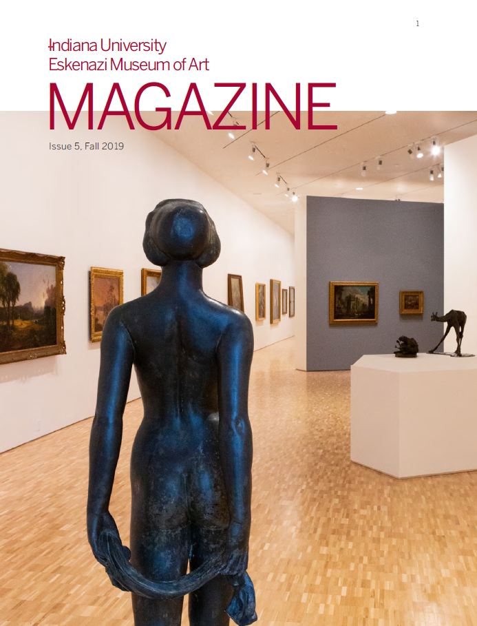 Cover of issue 5 of magazine, showing the back of a bronze sculpture of a nude woman.  The background of the shot features more of the gallery and artworks on the wall.