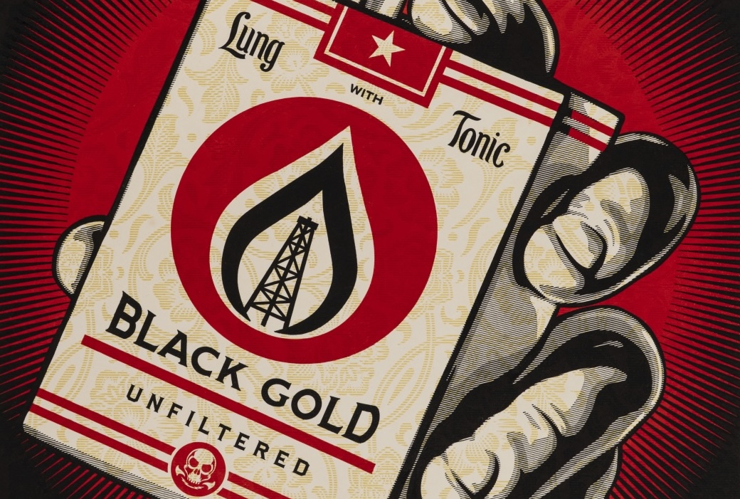 A close-up of a textured print showing a hand holding an open pack of Black Gold Unfiltered cigarettes.