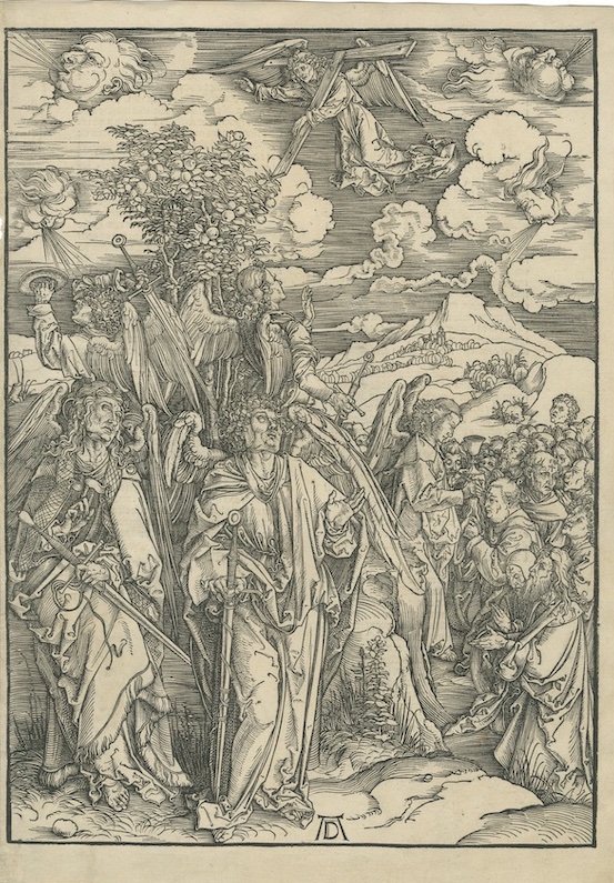 Four angels holding swords stand in a group on the left beneath a tall fruit tree. The two in the back appear to address personifications of the winds as they blow overhead, while a fifth angel flies into view carrying a large T-shaped cross. In the mid-ground to the right, a sixth angel marks the forehead of one man among a large group that has gathered kneeling in prayer.