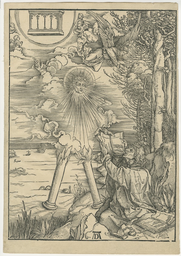 The head and hands of an angelic figure emerge from a swirl of cloud. Two pillars appear where his legs would be. He addresses another man kneeling in the bottom right foreground, to whom he appears to literally feed the pages of a book.  Behind them on the left, ships and animals ply the open waters of the sea.