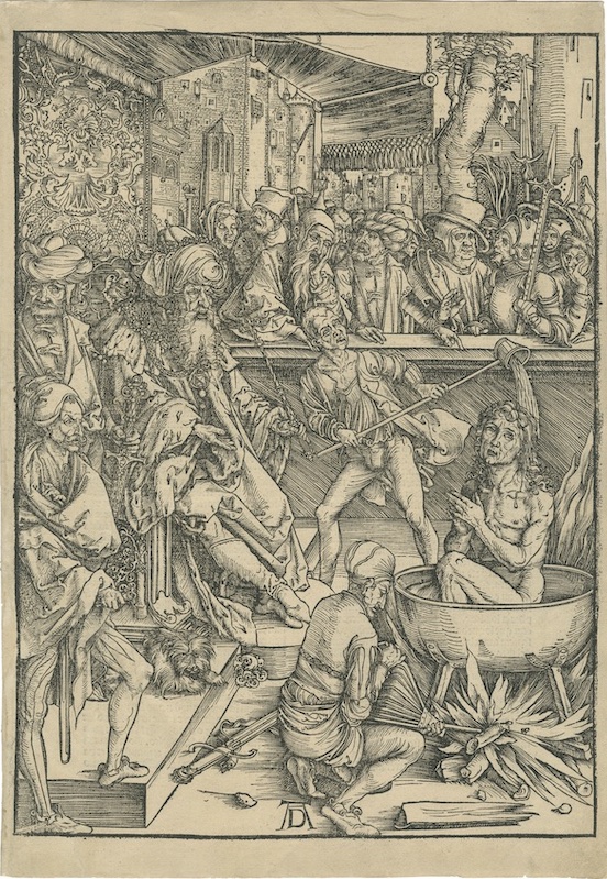 A naked man sits with his hands clasped in a small cauldron placed over flames. One figure fans the flames beneath with a bellows while another ladles liquid over his head. Yet another, older man while dressed in a large turban and robes sits watching nearby. Behind them all, a crowd of onlookers has gathered on the other side of the low wall amid buildings resembling a late-medieval northern cityscape.