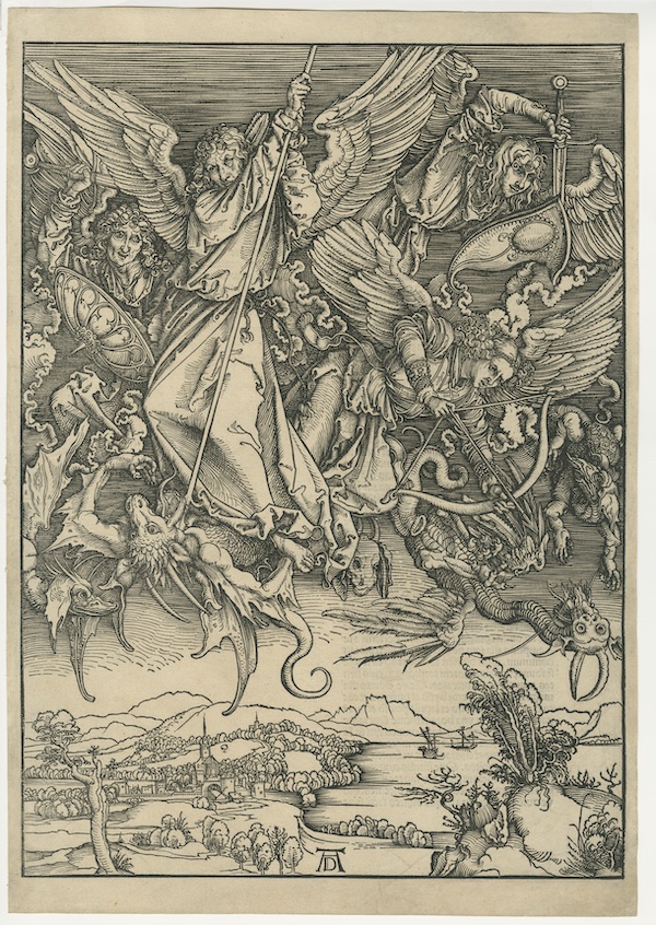 High above the countryside, four angels wage combat against beastly opponents amid darkened skies. The angels variously use a halberd, a sword, and a bow-and-arrow to keep them at bay and push them to fall from the sky.