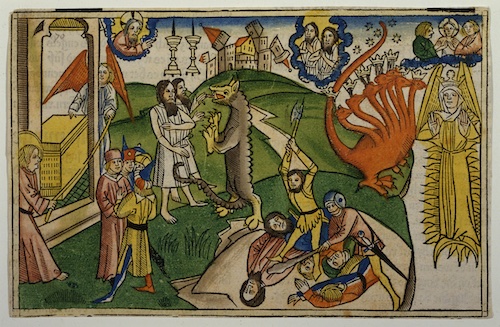 A series of discrete events appear to unfold across a rolling green countryside as a castle topples in the background.  Various figures, including a winged woman on a crescent moon, look on from the edges, while two unidentifiable beasts also appear, including one long-necked creature with seven crowned heads. In the center of the image, two men in white robes interact with the second beast, scaly with large talons, while in the foreground others converse and still others are slaughtered with ax and club on a stony outcrop.