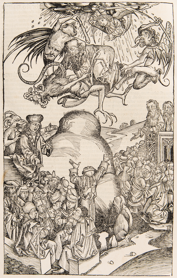 Crowds gather around a rocky prominence to pray, hear speakers, and watch as a robed man and angel battle three hybrid creatures overhead. In the left foreground, one man in fur-trimmed robes addresses a group seated on benches as a demon-like beast clutches his shoulder. In the mid-ground on the right, two men wearing plain robes address another group from a pulpit. Between these groups is a lone hooded figure gazing up at the airborne battle with his arms outstretched.