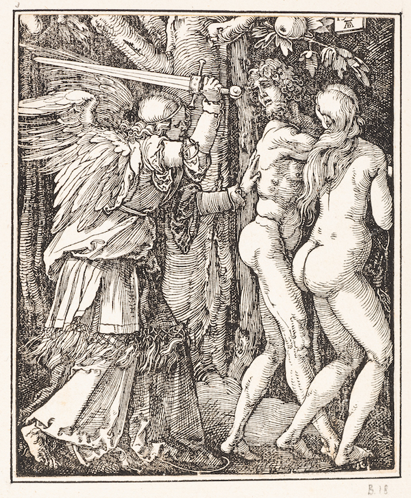 An angel in tasseled robes wields a large sword and walks closely behind a naked man and woman. The man turns his head to look back at the angel, who has one hand placed on his back.  The forested landscape behind them is dominated by a large fruit tree from whose branches also hangs a small plaque bearing initials and a date.