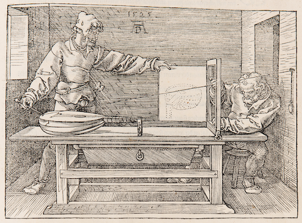A draftsman seated at a table adjusts a frame positioned between himself and a lute on the other end of the table. A second man standing nearby holds on to the lute, as well as a sheet of paper attached to the frame, holding it out to the side. A string suspended from the wall behind the artist is fastened to the lute on the other end of the table.