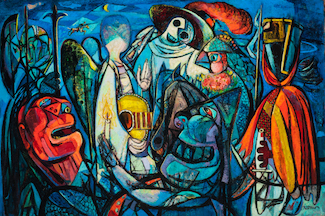 A dense grouping of figures, including an angel holding a guitar, a faceless knight, and an anguished figure with a red face, are shown against a blue background.
