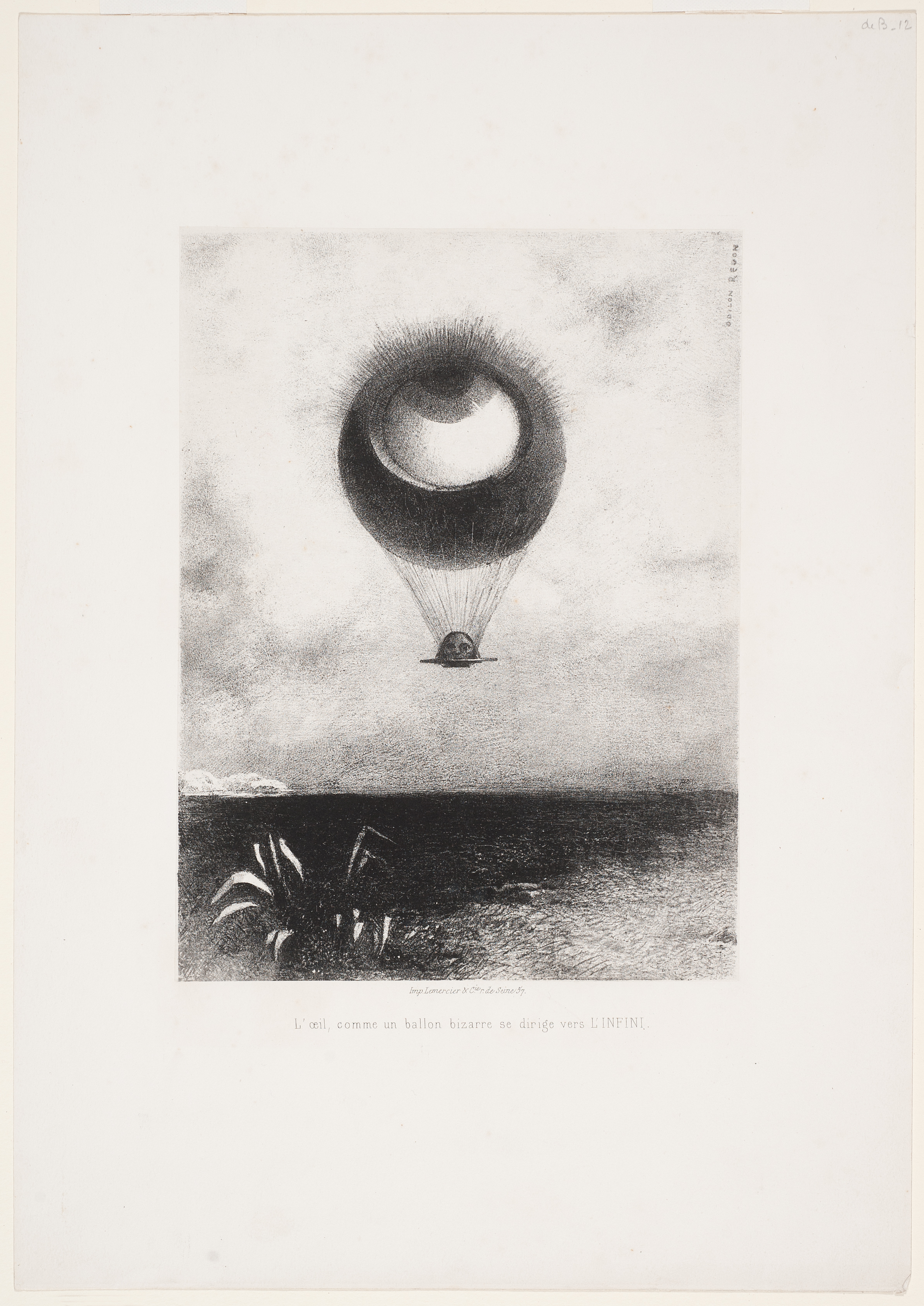This monochromatic image depicts a hot air balloon in the sky that becomes a large eyeball floating over a landscape with a small plant in the foreground. A head is visible below the balloon.