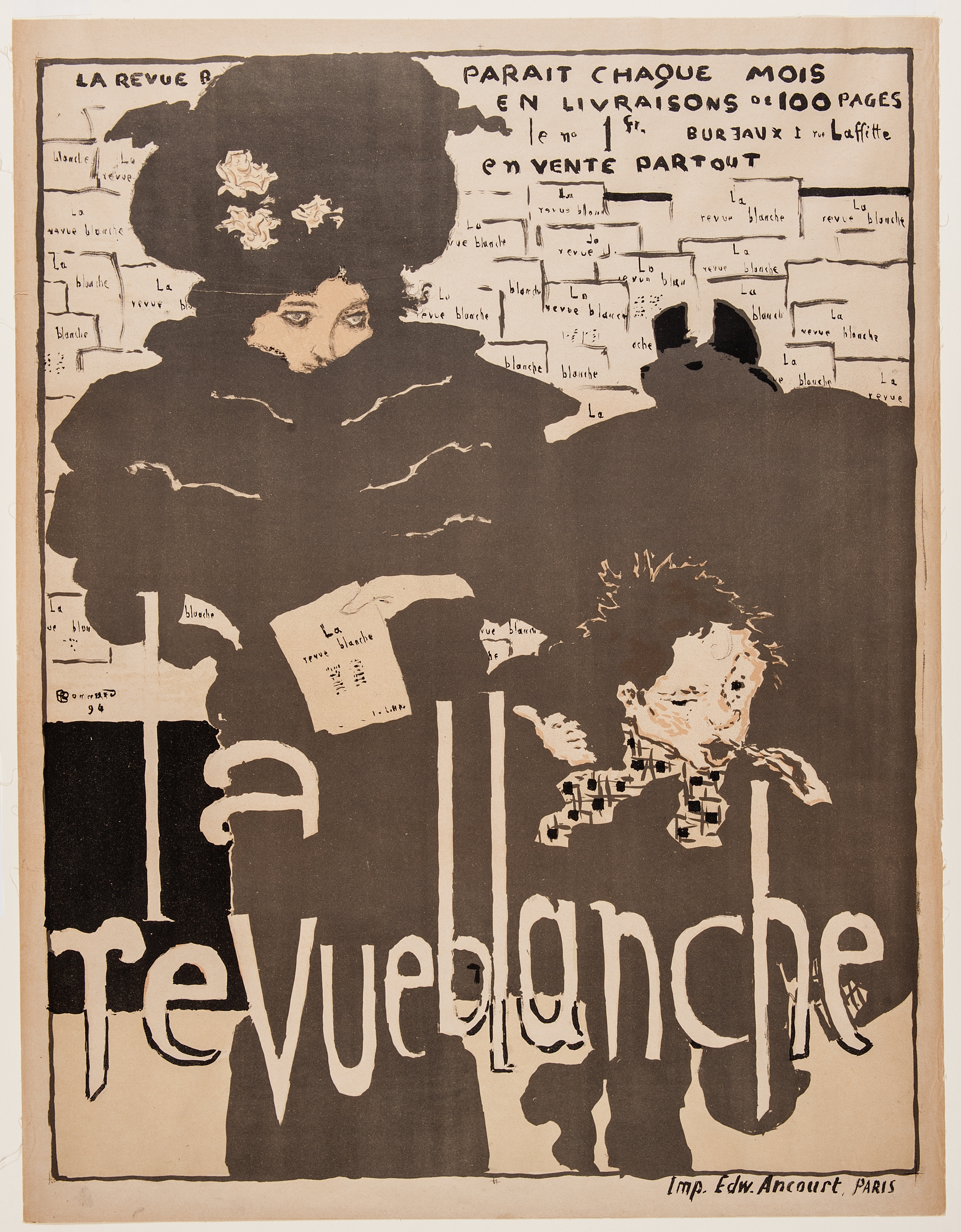 This poster depicts a standing female figure in a fancy hat and cape on the left with the smaller, male figure with checked tie points on the right, and a shadowy form in the background. The words 'la revue blanche' appear across the lower third of the composition. Many copies of 'la revue blanche' are pasted on the wall behind the figures.