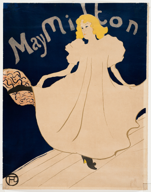 A blonde girl in a white dress stands holding her skirt out to the sides. Her right foot kicks up, revealing the pattern on the underside of her dress. The title 'May Milton' is printed across the top of the image.