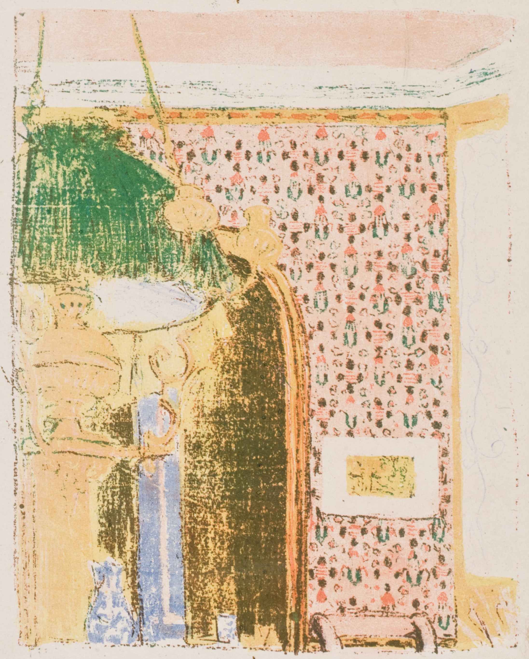 This colorful image depicts an interior with highly ornate wallpaper printed in pinks with some blacks and greens. On the left side of the composition is a partial view of a large, hanging chandelier, the base printed in a tan color and the shade in green.