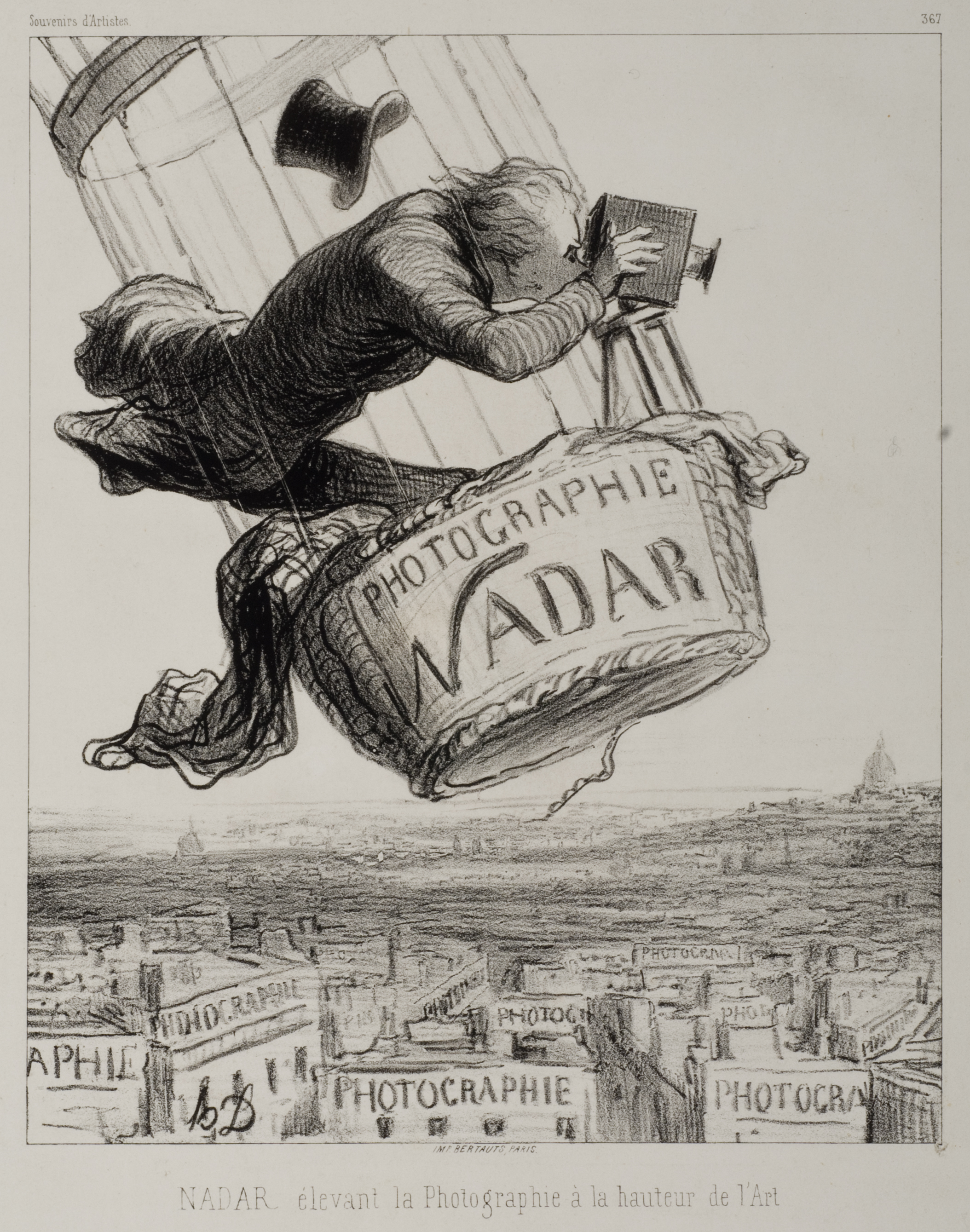 This satirical image shows Nadar with his hat blowing off in the basket of a hot air balloon looking in a large box camera. The basket has a sign attached reading, 'Photographie Nadar.' He floats above Paris, where most of the buildings have the word 'Photographie' inscribed on them.