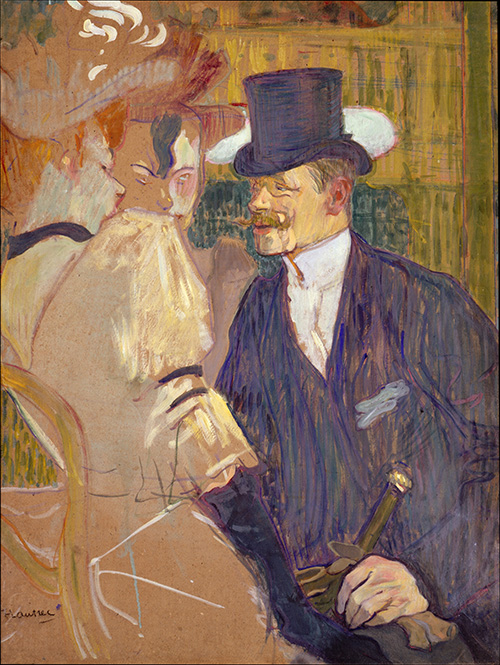 A man in a suit and top hat faces two well-dressed ladies. They appear to be talking together. The man's left ear is visible, and is a bright, burning red.