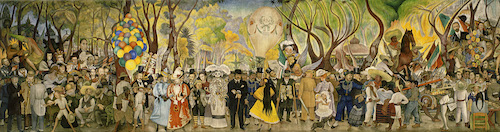 A brightly-colored mural shows many people gathered in a sunny park with trees and balloons. One of the central figures is a skeleton in a white dress, who is standing next to a frowning man in a suit and bowler hat on the right and holding hands with a short young man in a too-tight waistcoat and flat hat on the left. Around them are numerous individuals from Mexican history.