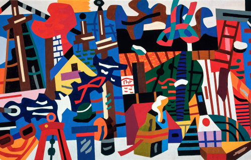 Detail of an abstracted seaside landscape contained stylized forms representing buoys, ropes, and rigging. Composed of overlapping geometric shapes in very bright colors.
