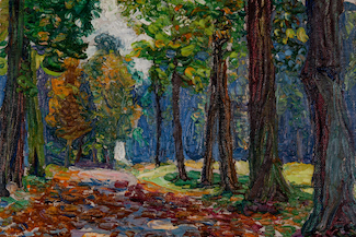 A path cuts through a park, with trees on both sides. The trees are mostly green but brown leaves have started to fall on the path. The paint has been applied in thick, brushy strokes of color.