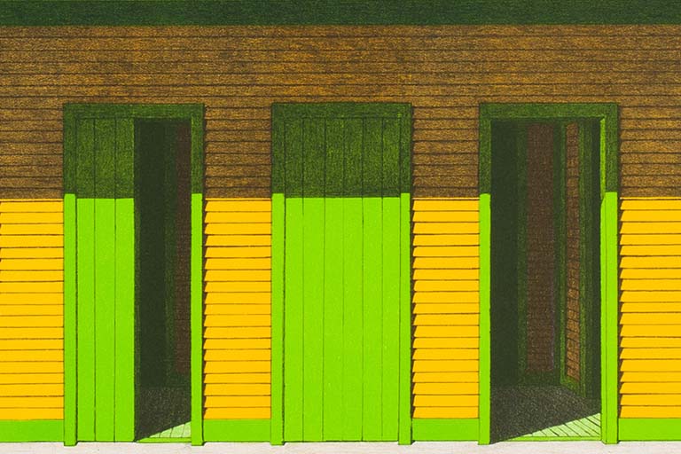 A colorful print of a house with open windows.