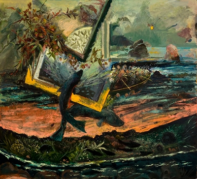 A scene depicts two fish, with square frame-like objects juxtaposed between the fish and the background.  In the background, a group of people in a rowboat look over their shoulders toward the fish.