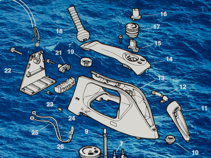A diagram of an electric iron, with all the parts exploded out and numbered, is printed over a background of blue waves.