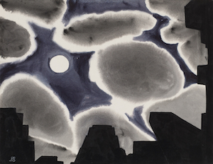 This black, white, and gray image depicts a worm's eye view of the night sky. A bright, white moon shines through numerous gray clouds rimmed in white in the top left quadrant. The silhouette of buildings can be seen along right and bottom edges.