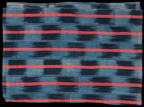 A men's wrapper with dark and light blue square areas in a checkerboard-like design with six horizontal strips of red over top.