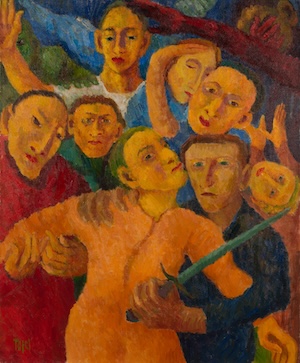 Eight figures with yellow skin are huddled together in a cluster. Two figures hold the arms of a centrally placed man. One figure wields a sword.
