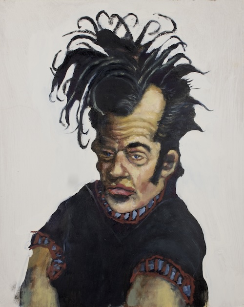 A caricature-style painted portrait showing a man in a dark shirt with exaggerated features and wild, dark hair.