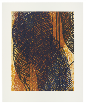 A print showing an abstract, overlapping curved figure in a dark crosshatched pattern on top of a dark yellow background. A burnt orange variation of the curved figure, curving in the opposite direction, is layered beneath the dark figure.