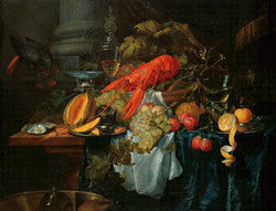 A still life composed of a lobster, grapes, melon, oranges, shellfish, and a gleaming silverware set on a table fills most of the painting. The surrounding canvas is dark.