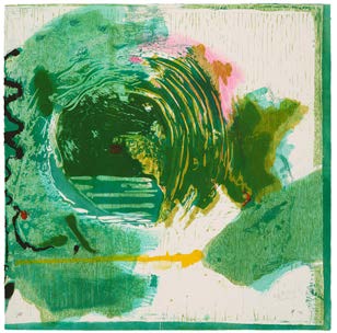 An abstract woodcut print with many translucent layers in shades of green, blue, yellow, red, white, and pink. A central shape comprised mostly of greens and blues with a scrawling black line following the left edge is against a white background. At the upper left of center is a large dark green circular shape with visible woodcut tool marks and a small red dot in the middle.