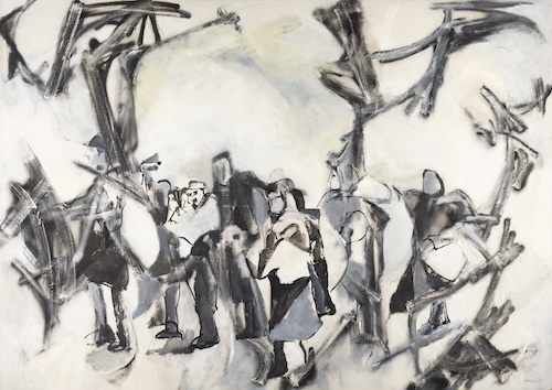 An abstract painting in neutral greys, blacks, and whites, depicting what appears to be a huddled crowd of people.