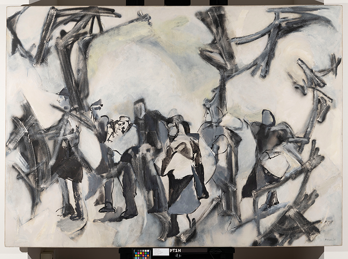 A conservation treatment photo of an abstract painting in neutral greys, blacks, and whites, depicting what appears to be a huddled crowd of people. The painting is cleaner and discoloration from age has been removed.