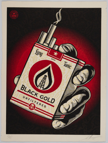 Shepard Fairey (American, b. 1970). Black Gold, 2015. Three-color relief on handmade paper, 29 7/8 x 22 7/8in. Museum purchase with funds from Jo and Steve Ham, Ann W. King, Mary Ann Mitchell-Holand and Bernie Holand, Del and Letty Newkirk, David Philips, Andrew and Kathy Polk, and Paula W. Sunderman, PhD, Eskenazi Museum of Art, Indiana University, 2025.4