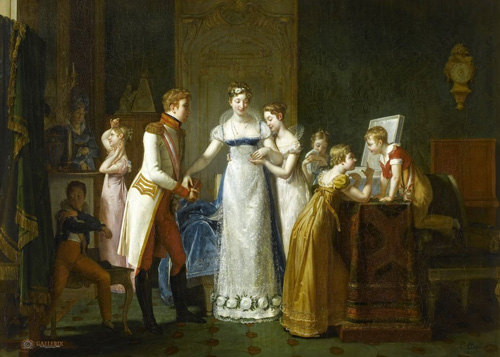 A group of people in period clothing interact throughout a room. The central figures are a young man in a white coat and red trousers, who holds the arm of a young woman wearing a long white and blue dress, while a shorter woman leans on her other arm. Around the room, two young boys and three younger girls appear posed in play.