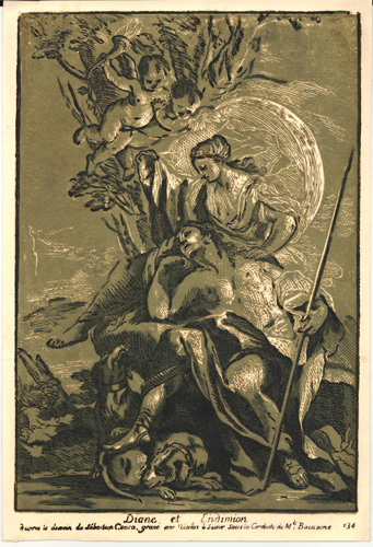 A sepia-toned image shows a shirtless young man draped over the lap of a woman, both seated at the base of a tree. In the branches, two cherubs lookdown from above. Outside the image on the sheet is the title of the work, Diane et Endimion.