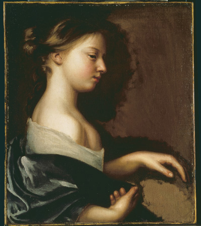 A young girl is shown from a side profile. She has light skin, brown hair swept into an updo, and holds her hands just above her lap. She is wearing dark clothing with a white neckline, which is worn low and exposes her shoulders and upper chest.