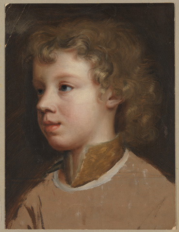 A young boy with light skin, pale blonde curls, and blue eyes is shown looking out and slightly away from the viewer. He is shown from the shoulders up.