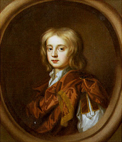 A young-looking man with shoulder-length blonde hair and dark eyes wears a puffy red shirt with gold decoration. He is shown from the chest up in a round portrait.