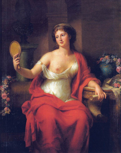 A seated, light-skinned woman with dark hair and wearing a white dress with gold clasps at the shoulders is holding up a gold hand mirror to look into. She is wrapped in a long red cloth, and the shoulder of her dress has slipped down and exposed her breast. In one hand she holds a written document, and around the room behind her are flowers.