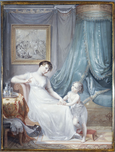 A light-skinned woman with dark hair is wearing a white dress that is nearly the same color as her skin, and is seated on a chair in a room decorated with tapestries, rugs, and paintings. By her knee, a young child with light skin and curls leans against her knee and looks up at the woman. The woman looks out at the viewer and holds up the index finger of one hand, as if indicating that they should wait.