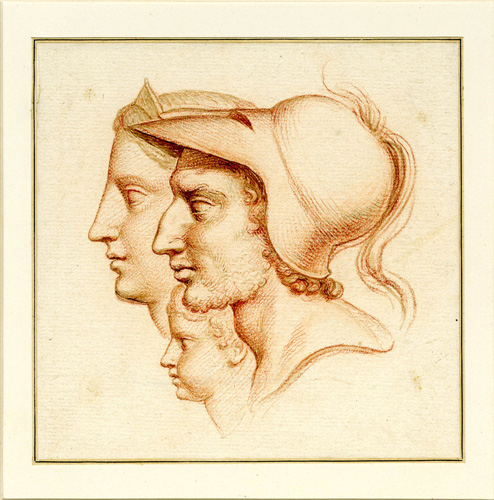 Three overlapping drawings of a man, a woman, and a child shown in profile. The man is the topmost image and he has curly hair, a short beard, and  a helmet pushed back on his head; the woman is the bottommost image and she wears a simple diadem on top of her head; the child is between the man and woman, and he has very chubby cheeks and curly hair.