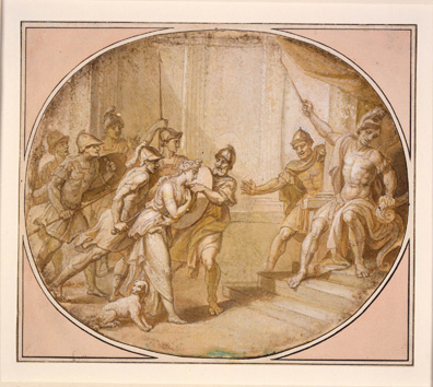 A group of soldiers lead a woman toward a bare-chested soldier seated on a platform. He has his arm raised and looks away from the woman. Behind him, another man reaches out from behind a pillar, in the direction of the woman.