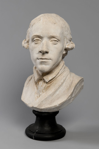 Portrait bust of a man with a serious expression and short hair curled above his ears. He is looking away to the right of the viewer.