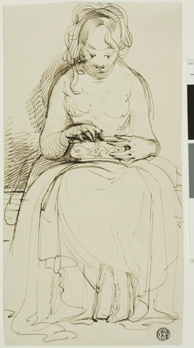 A very sketchy drawing of a young woman holding a box in her lap. The outline of her skirts, hair, and figure are present but there is very little detail in the image.