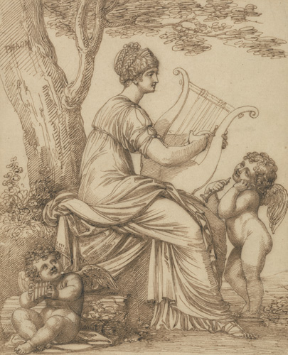 A woman in a draping dress is seated beneath a tree playing a lyre. At her feet, two winged cherubs hold instruments and gaze up at her adoringly.