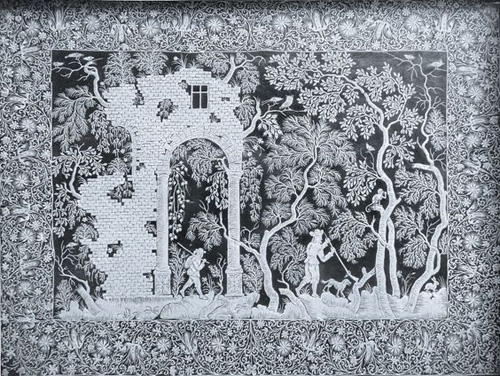 A black-and-white scene showing a ruined building with a tall arch, a forest with different types of trees, and two men with long rifles striding forward. the image is surrounded by a wide floral border on all sides.
