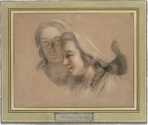 A sepia-toned drawing of two women from teh shoulders up. One is shown in side profile and has gray curly hair, while the other looks directly at the viewer and has lighter hair.