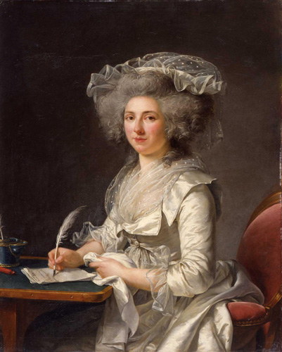 A woman with light skin, pink cheeks, and a large, curly gray updo is seated at a writing table. She wears an all-white outfit including a shiny dress with 3/4 sleeves, a slightly see-through polka-dot shawl around her neck, and a see-through polka-dot cap over the top of her hair. In one hand she holds a white quill pen to a sheet of paper, while the other hand holds a white handkerchief.